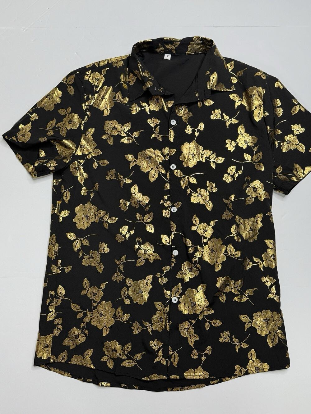 SHEIN Men’s Medium Black Gold Metallic Floral Short Sleeve Button Up Shirt